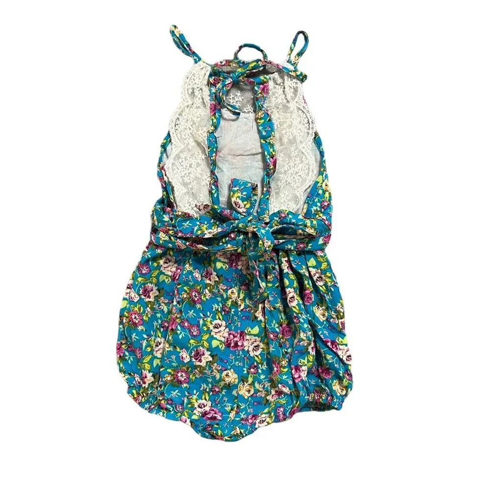 Ju Ju Sz 2 Bold Floral & Lace Halter Bubble Romper